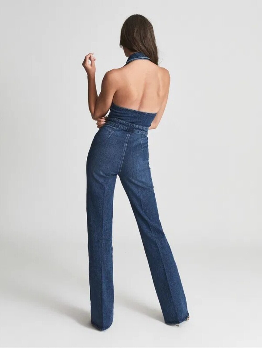 REISS Blue Denim Cotton Pennie Collared Halter Zip Front Flare Leg Jumpsuit - Picture 2 of 7